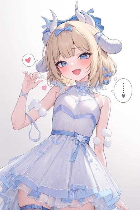 masterpiece, best quality, perfect features, intricate details, 1girl, solo,hearts,dialogue box, speech stab,
, portrait,(upper body), horns, blue eyes, blonde hair, dress, bow, short hair, white dress, thighhighs, <lora:Yao_Cinnamoroll:1>
mesugaki, smile, looking at viewer, blush, hand up, skin fang,<lora:mesugaki_XL_v1:0.8>
dutch angle, from below, simple background, open mouth,
best quality, very aesthetic, absurdres
