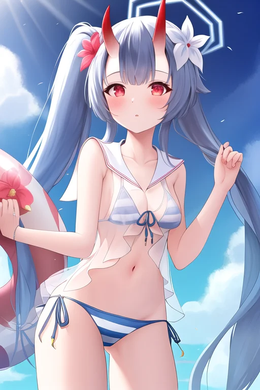 masterpiece, best quality, highres, solo, {chise_bluearchive:1.10}, horns, long_hair, oni_horns, blue_hair, red_eyes, hair_ornament, halo, flower, hair_flower, blush, swimsuit, bikini, striped, breasts, striped_bikini, small_breasts, side_ponytail, very_long_hair, bangs, navel, see-through, red_horns
