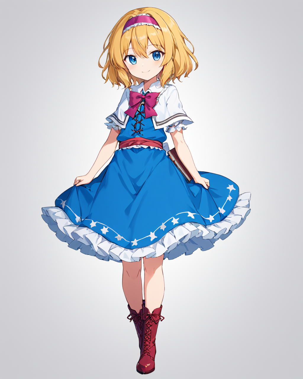 alice margatroid,1girl, solo, blue_dress, full_body, white_background, boots, bloomers, white_capelet, simple_background, puffy_short_sleeves, red_bowtie, holding_book, purple_footwear, frills, high_heels, cross-laced_footwear, looking_at_viewer, red_hairband, sash, smile, standing, closed_mouth
<lora:alice_margatroid_image3379_2023-12-11-000006:1>,star-shaped_pupils,symbol-shaped_pupils,. gorgeous,key visual, vibrant, studio anime,award-winning, professional, highly detailed,high budget, cinemascope