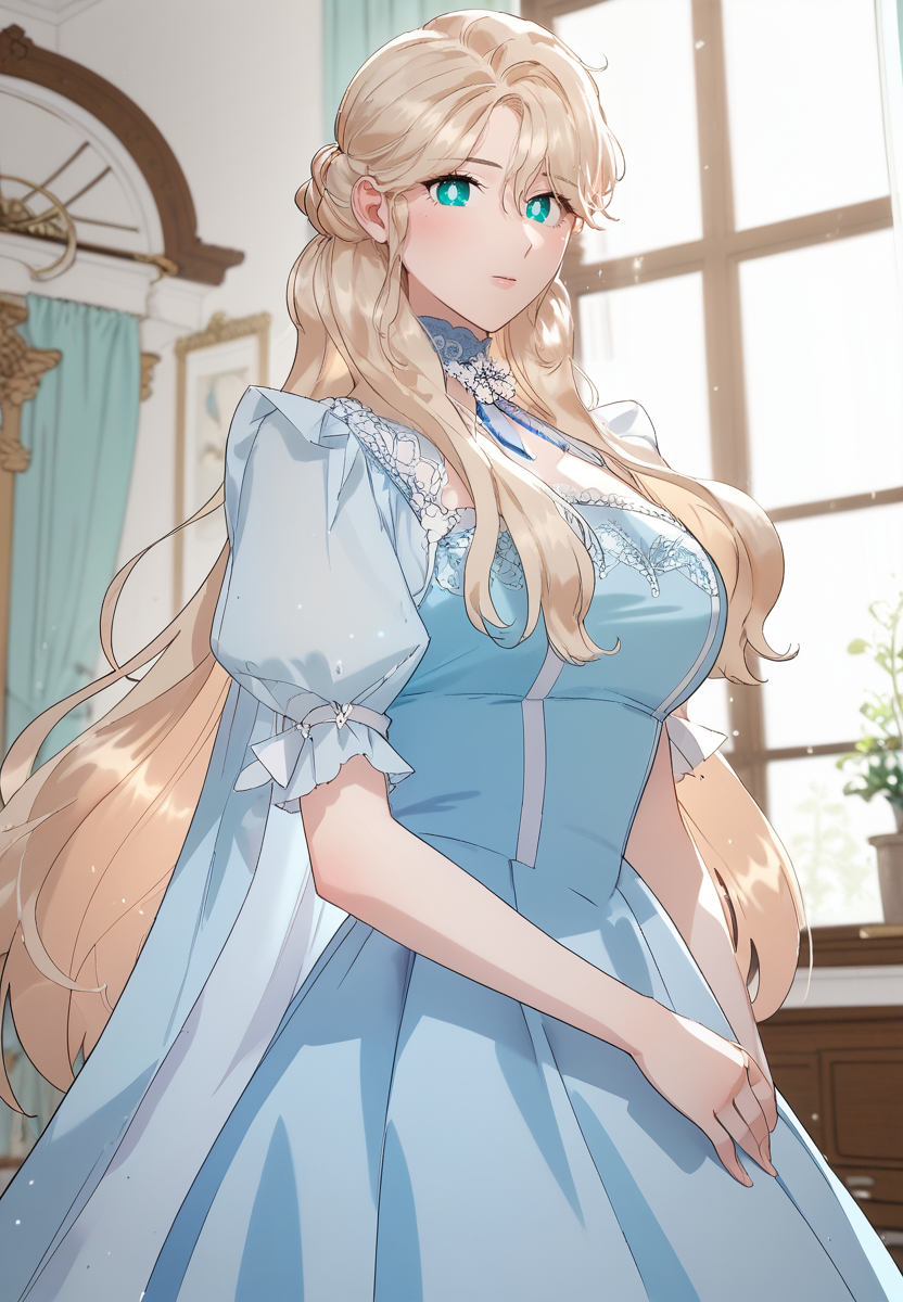 zPDXL3, score_9_up, score_8_up, score_7_up, (Anime_source),Masterpiece,(perfect female body:1.2), small waist,(incredibly detailed:1.4), slim, beautiful fingers, beautiful white skin, Beautiful clear skin, perky breasts, looking at viewer, ass, perfect ass, (large breasts:1.3)  <lora:Erin_de_Brisia_-_A_Divorced_Evil_Lady_Bakes_Cakes-Kaleid_PONY_r1:1> erindebrisia, 1girl, blonde hair, aqua eyes, very long hair, bright pupils, blue dress