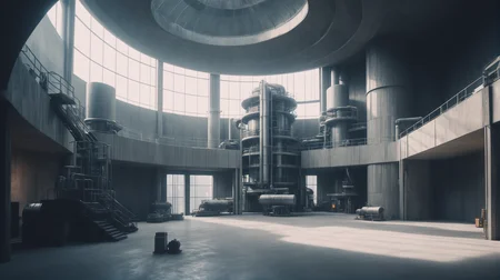 technobrutalist, cinematic color grading, natural sunlight, interior, in a bubble factory<lora:EnvyTechnobrutalistXL01:0.5>