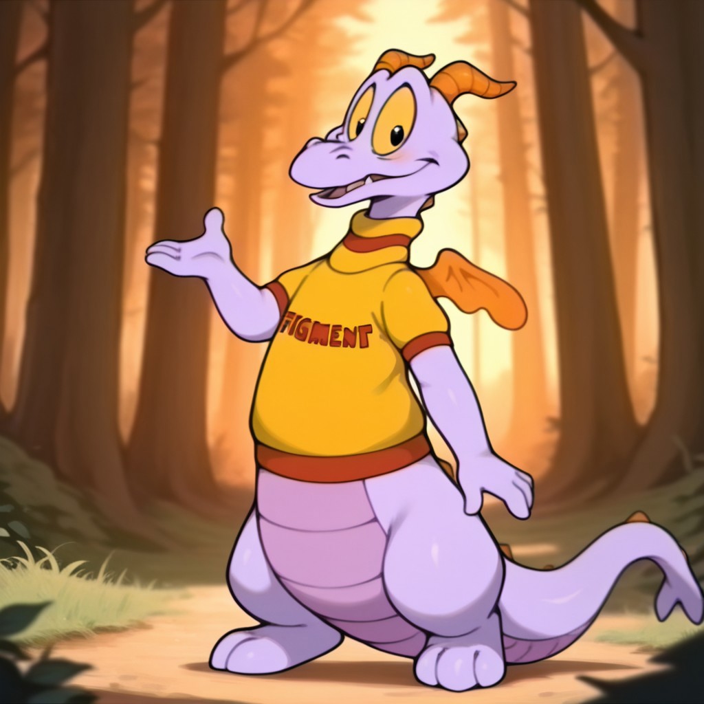 masterpiece, best quality, amazing quality, Figmentdrgnil, semi-anthro, dragon, purple skin, black eyes, yellow sclera, orange horns, orange wings, yellow shirt with red trim,  standing, in a forest, full body, looking at viewer, solo