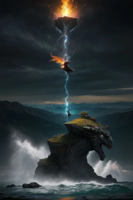 Title: Elemental Harmony
Description:
A captivating spectacle unfolds in this 8K UHD HDR masterpiece. Witness the dance of the four elements - fire, water, earth and air - intertwined in a cinematic perspective.
The elements: ((with the correct anatomy))
Fire: (Fiery phoenix), whose graceful feathers burn, rises to the sky, symbolizing rebirth.
Water: The Mighty (Neptune) emerges from the crashing waves, his detailed form embodying an endless flow.
Earth: (a rocky giant) sculpted from earth, standing resolutely, with wisdom etched on his face.
Air: breathtaking (sekasi woman) dances among the clouds, personifying freedom and inspiration.
composition:
The figures form a dynamic spiral, moving in sync, keeping their individuality.(The phoenix orbits Neptune), illuminating it. Neptune raises water, dousing the giant and the woman. The giant serves as the base of the dance while the woman floats above
Visual Style:
Cinematic lighting and contrasting colors emphasize the dynamics of the elements. The fire burns brightly, the water glistens coolly, the earth shows deep browns, and the air boasts soft whites and blues
Optional details:
Subtle landscape elements such as mountains, forests, rivers or clouds can enrich the scene. Symbolic elements representing balance (the cycle of life or unity) may be considered.
General purpose:
This award-winning photography captures the beauty and power of the elements in a harmonious dancece