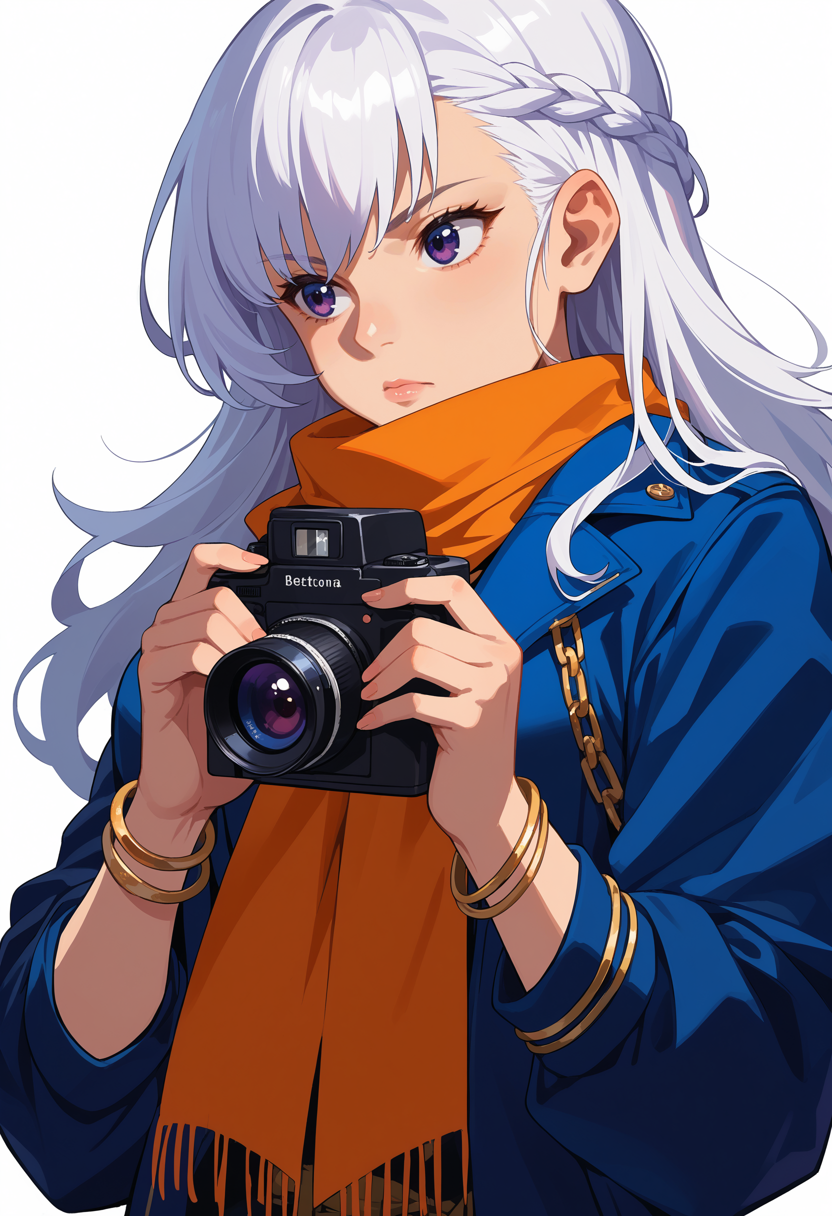 score_9, score_8_up, score_7_up, source_anime, <lora:wrenchbelfastthenobleattendant:1>, beltna, bangs, white hair, french braid, large breasts, long hair, purple eyes, sidelocks, 
chain, bracelet, jewelry, 
1girl, blue jacket, camera, holding, jacket, looking to side, orange scarf, scarf, simple background, upper body, white background, holding camera, solo,