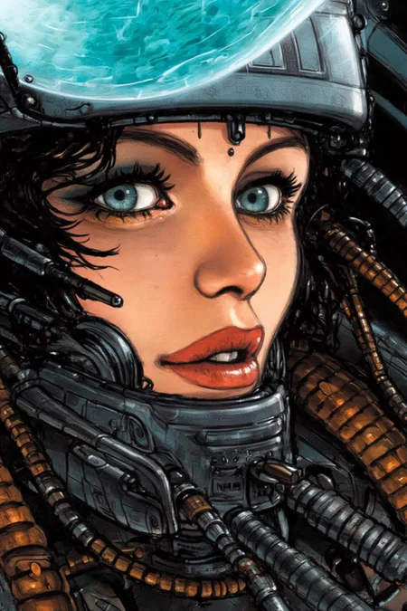 juangimenez1 illustration. A woman's face partially obscured by futuristic mechanical headgear with metallic components, wires, and tubes. Her face shows striking blue eyes, arched eyebrows, and full red lips. The background blends dark and light shades. <lora:juangimenez1_cap_d8a4e12:1.0><lora:857645419558117430:0>