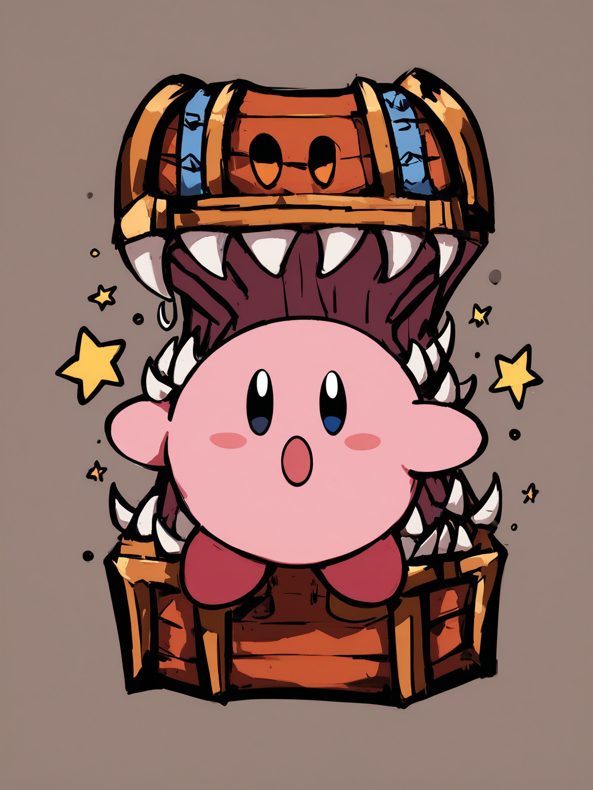 mimic with arms holding up Kirby holding a star, 
 <lora:Mimic_ani3.1_XL:1>