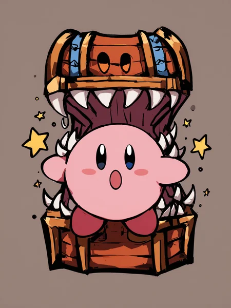 mimic with arms holding up Kirby holding a star, 
 <lora:Mimic_ani3.1_XL:1>