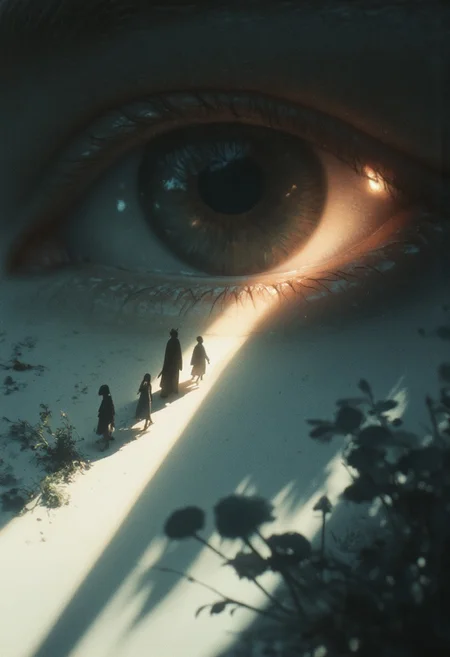 An enigmatic composition bathed in soft, diffused light, blending whispers of surrealism and melancholia. The scene unfolds in a cinematic atmosphere where subtle textures and delicate grains add depth, while the interplay of light and shadow enhances the quiet intensity of the moment. A subdued color palette merges with ethereal haze, evoking a dreamlike quality and timeless stillness. The central subject –In an extreme close-up, Henry’s eye reflects a tiny shadow puppet procession crossing a narrow thread of light. The camera pulls back to reveal the puppets marching along a precarious line cast by a ray of sunlight, their shapes flickering as though resisting the brightness.– is delicately framed, their presence balanced between mystery and intimacy. Surrounding elements, rich in symbolic undertones, anchor the narrative in an otherworldly context. Organic details like softly swaying flora or faintly glowing surfaces contrast with stark, haunting figures, creating a juxtaposition that is both poignant and surreal. The composition invites introspection, with negative space amplifying the mood's resonance. Every detail, from the atmospheric depth to the muted highlights, serves to craft an image that feels suspended in an emotional, poetic realm, steeped in quiet nostalgia.
surreal style
