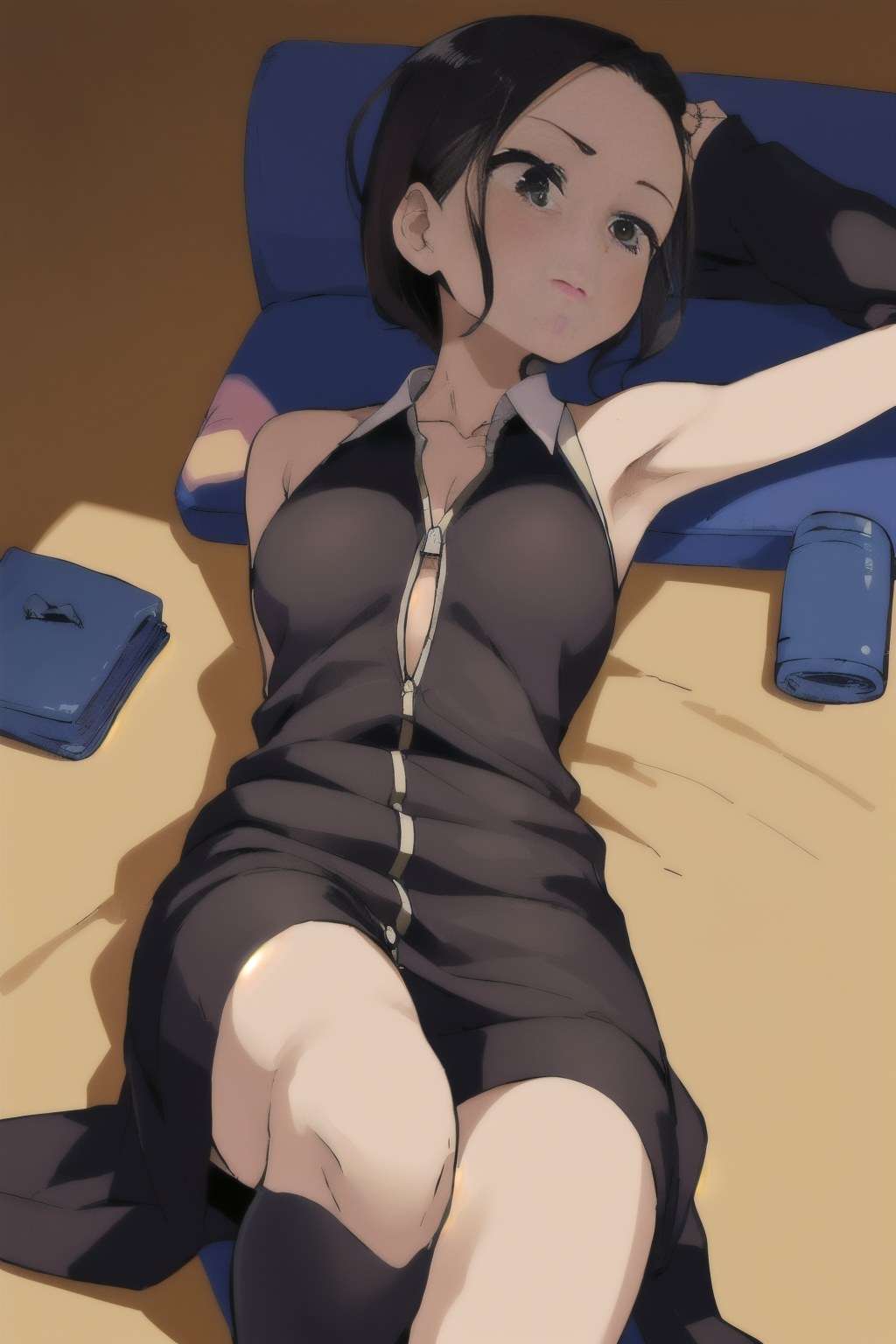 Azerbaijani 54 years old woman Black Slicked Back, in the Exercise room, Lying on stomach with arms extended above head, Blazer with dress pants, EdobSouichirouYamamotoArtStyle  <lora:EdobSouichirouYamamotoArtStyle_v1.0:0.8>