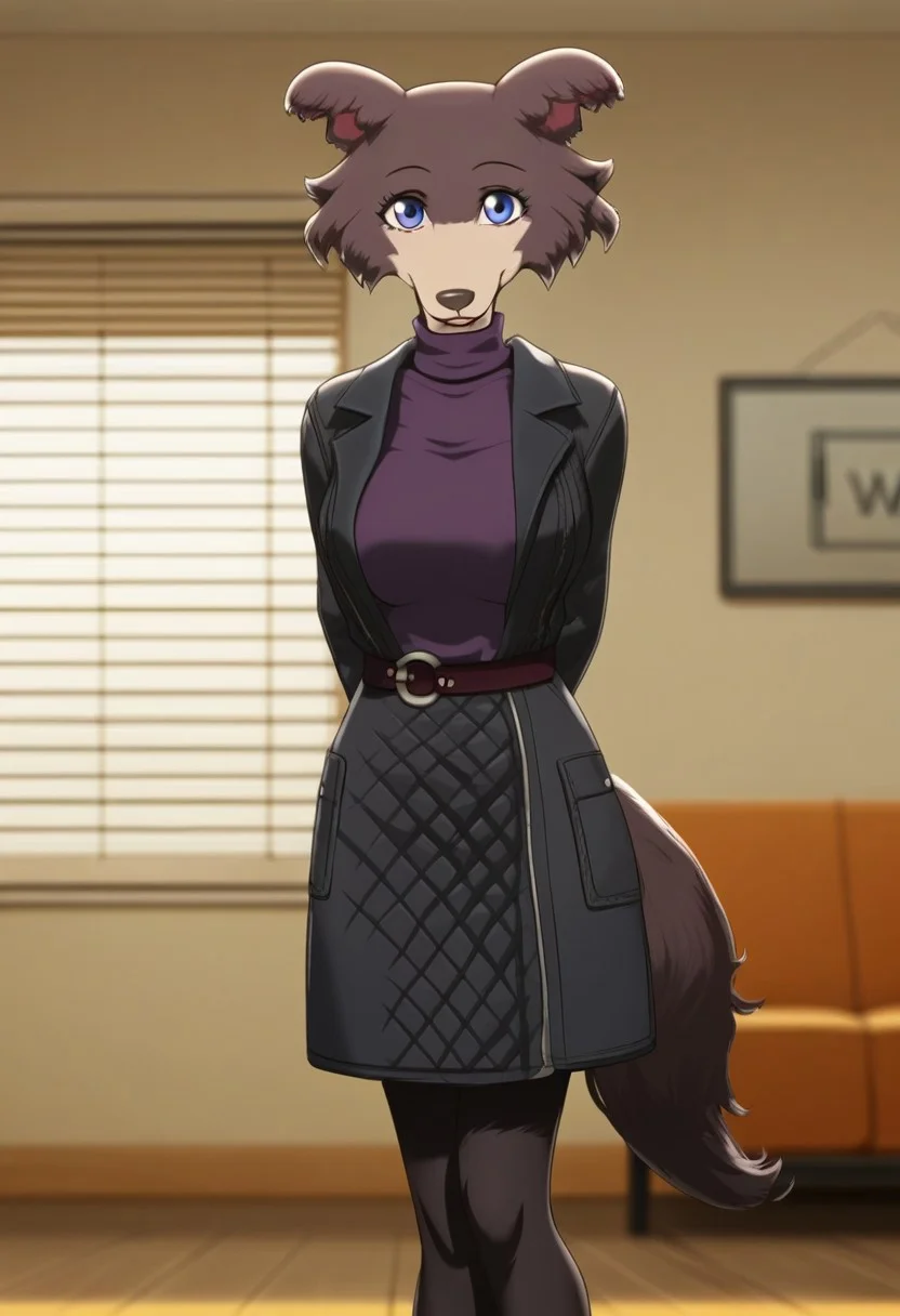 zPDXL, score_9,score_8_up,score_7_up,_up, best quality, amazing quality, masterpiece, 1girl, looking at viewer, solo, fullbody, cute, juno, <lora:Juno-03:1> ,sexy pose, wolf girl, animal ears, animal nose, brown fur, blue eyes,(black coat, purple turtleneck, black pantyhose, black gloves),((room with TV)),(wolf tail),room,contour_deepening,depth of field, huge filesize,wallpaper,background,(flat color),large breasts, blurry background