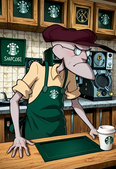 Masterpiece, absurdres, very aesthetic, best quality, highly detailed, newest, 8k, (solo:1.3), 1boy, Eustace, Bagge, Green Starbucks apron, yellow shirt, hat, glasses, grumpy expression, serving coffee, behind counter, coffee cups on counter, Starbucks background, detailed background