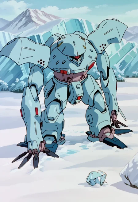 score_8, score_8_up, score_7_up, AWGXS, anime screenshot, retro artstyle,1990s (style), cel animation BREAK 1mech, mech focus, solo, hygogg, blue_hygogg_armor, red monoeye, ice, snow, Antarctica background