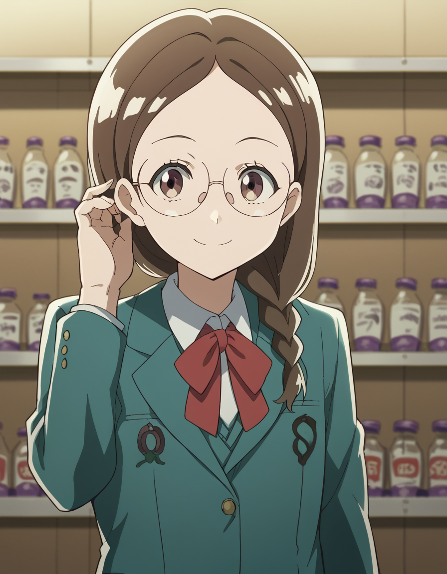score_9, score_8_up, score_7_up, source_anime, <lora:megumi-takahashi-s1-ponyxl-lora-nochekaiser:1>, megumi takahashi, long hair, brown hair, brown eyes, braid, glasses, hair over shoulder,, school uniform, jacket, blazer, ribbon, red ribbon, green blazer, shirt, white shirt, collared shirt, skirt, pleated skirt, grey skirt,, flower shop, flowers, shelves, arrangements, smile, <lora:tucking-hair-ponyxl-lora-nochekaiser:1>, tucking hair, adjusting hair, hand on own hair, hair behind ear,, looking at viewer, solo,, dutch angle, cowboy shot