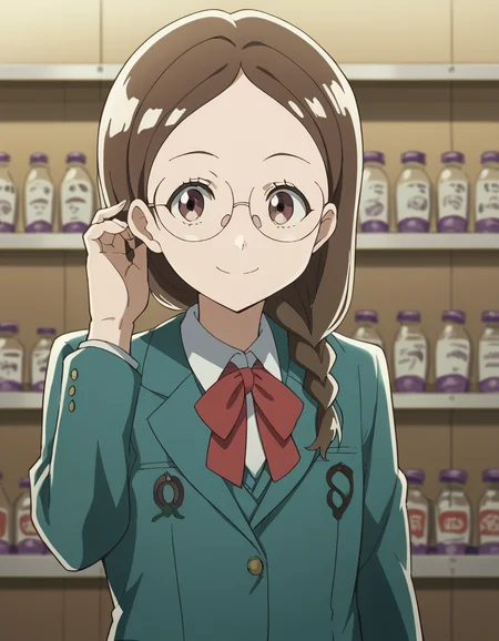 score_9, score_8_up, score_7_up, source_anime, <lora:megumi-takahashi-s1-ponyxl-lora-nochekaiser:1>, megumi takahashi, long hair, brown hair, brown eyes, braid, glasses, hair over shoulder,, school uniform, jacket, blazer, ribbon, red ribbon, green blazer, shirt, white shirt, collared shirt, skirt, pleated skirt, grey skirt,, flower shop, flowers, shelves, arrangements, smile, <lora:tucking-hair-ponyxl-lora-nochekaiser:1>, tucking hair, adjusting hair, hand on own hair, hair behind ear,, looking at viewer, solo,, dutch angle, cowboy shot