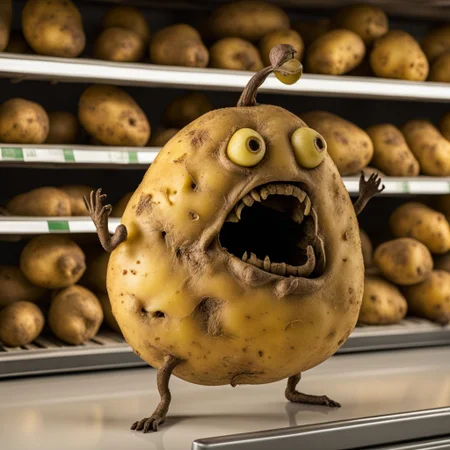 A potato FaVGoneBad on shelve in the supermarket <lora:Fruits_and_Vegetables_gone_bad_-_SDXL_LoRA:0.8>