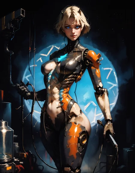 score_9, score_8_up, score_7_up, score_6_up, score_5_up, score_4_up, cyborg woman, big ass, side view, curvy, perfect curves, (suspender tights:1.2), (open sides, exposed hips, hip cutouts, side cutouts:1.3), (mechanical parts, wires, mechanical joints, titanium:1.2), black, gorgeous woman, cute face, intense, mistress, dominatrix, holding whip, garter belt, navel, sexy, short hair, blonde hair, bangs, wide hips, golden necklace, shiny skin, bend forward, pose, smiling, (blue neon slit lights on ribs:1.1), looking at viewer