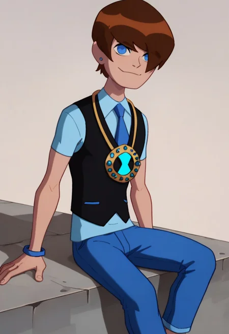 score_9, score_8_up, score_7_up, masterpiece, best quality, amazing quality, best aesthetic, ,absurdres,intricate details,Ben23,1boy,solo,brown hair,short hair,blue eyes,jewelry,blue shirt, short sleeves,black vest, blue necktie,pants,smile,closed mouth,sitting,hair over eye