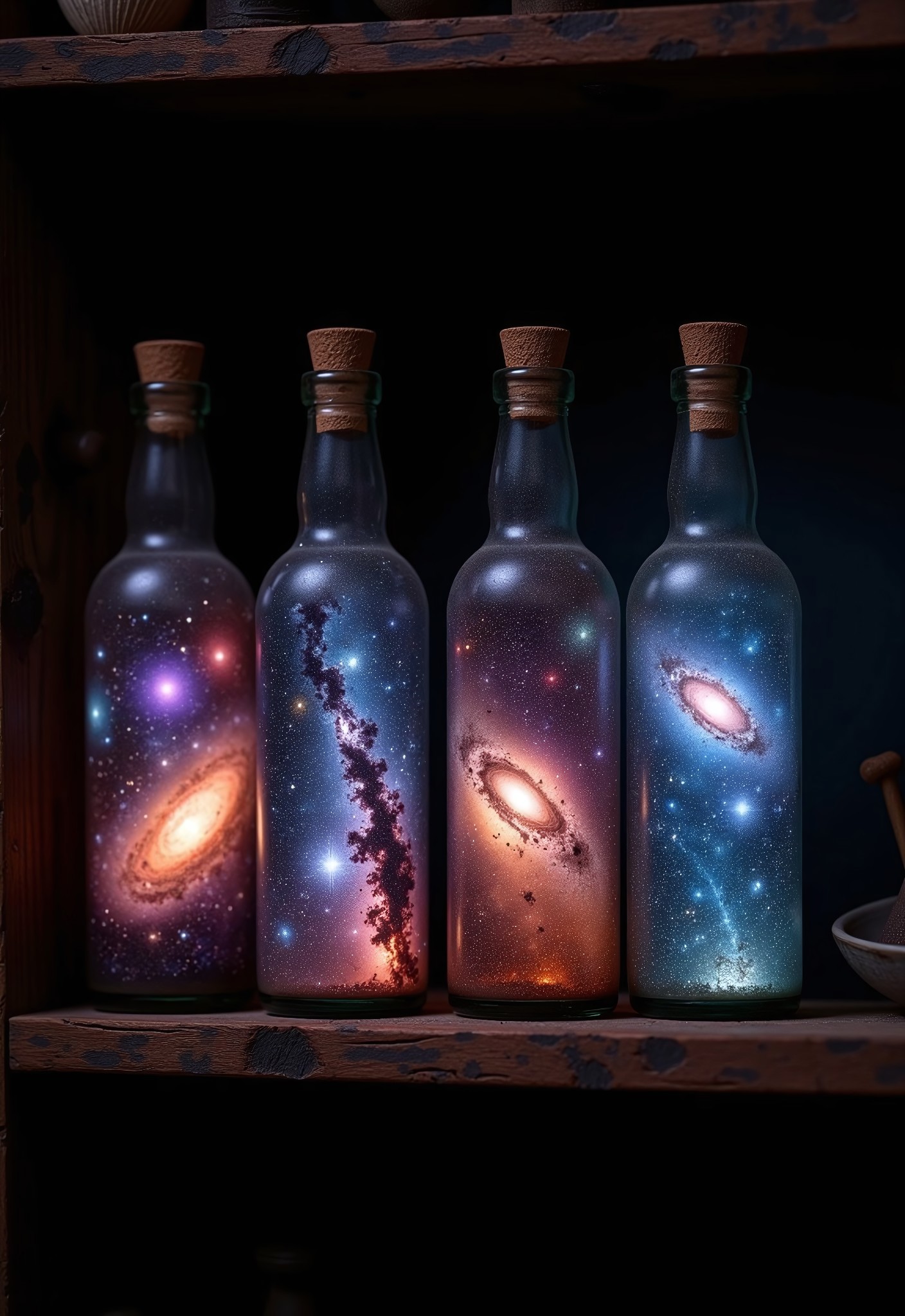 aidmaimageupgrader, a high quality digital image of a series of old and dusty bottles sit on an old wooden shelf within a dark long forgotten dusty old room. Each bottle is completely filled with a different intricately detailed galaxy, each galaxy is bright and vivid and we see a variety of stars, nebulae and galactic dust