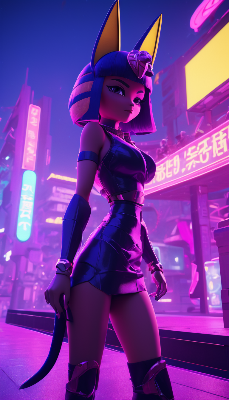 neonpunk style  Cinematic scene, hero view, Ankha, Animal Crossing <lora:ankha_v0.0.1:1>, action pose, nature, detailed background, masterpiece, best quality, high quality, absurdres . cyberpunk, vaporwave, neon, vibes, vibrant, stunningly beautiful, crisp, detailed, sleek, ultramodern, magenta highlights, dark purple shadows, high contrast, cinematic, ultra detailed, intricate, professional