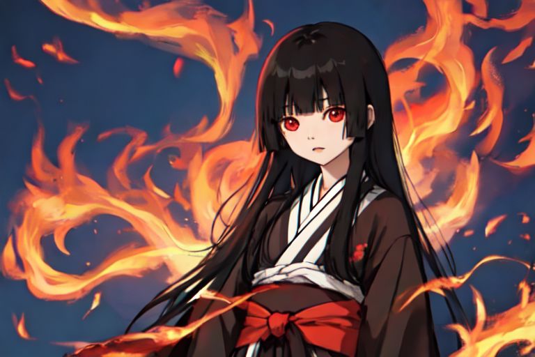 enma_ai, girl1, bangs, black hair, long hair, kimono sakura, fire hell, village japanese, night