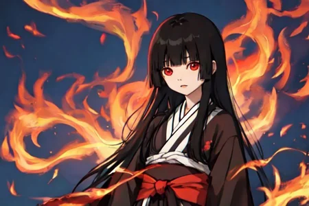 enma_ai, girl1, bangs, black hair, long hair, kimono sakura, fire hell, village japanese, night