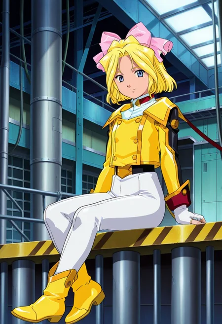detailed eyes, beautiful, detailed background, perfect eyes,
source_anime, very aesthetic, anime coloring, masterpiece, official art,
<lora:HandFineTuning_XL:1>
BREAK,
factory, sci-fi,
full body, looking at viewer, dynamic angle,
light smile, sitting, flat chest, small female,
BREAK,
<lora:iris_illustrious_v01:1>
irisSuit, blonde hair, blue eyes, hair bow, pink bow, short hair, parted bangs, yellow jacket, belt, high-waist pants, white pants, fingerless gloves, white shirt, yellow boots,