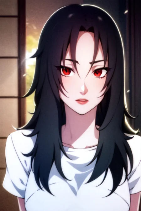 1girl, looking at the viewer, red eyes, black hair