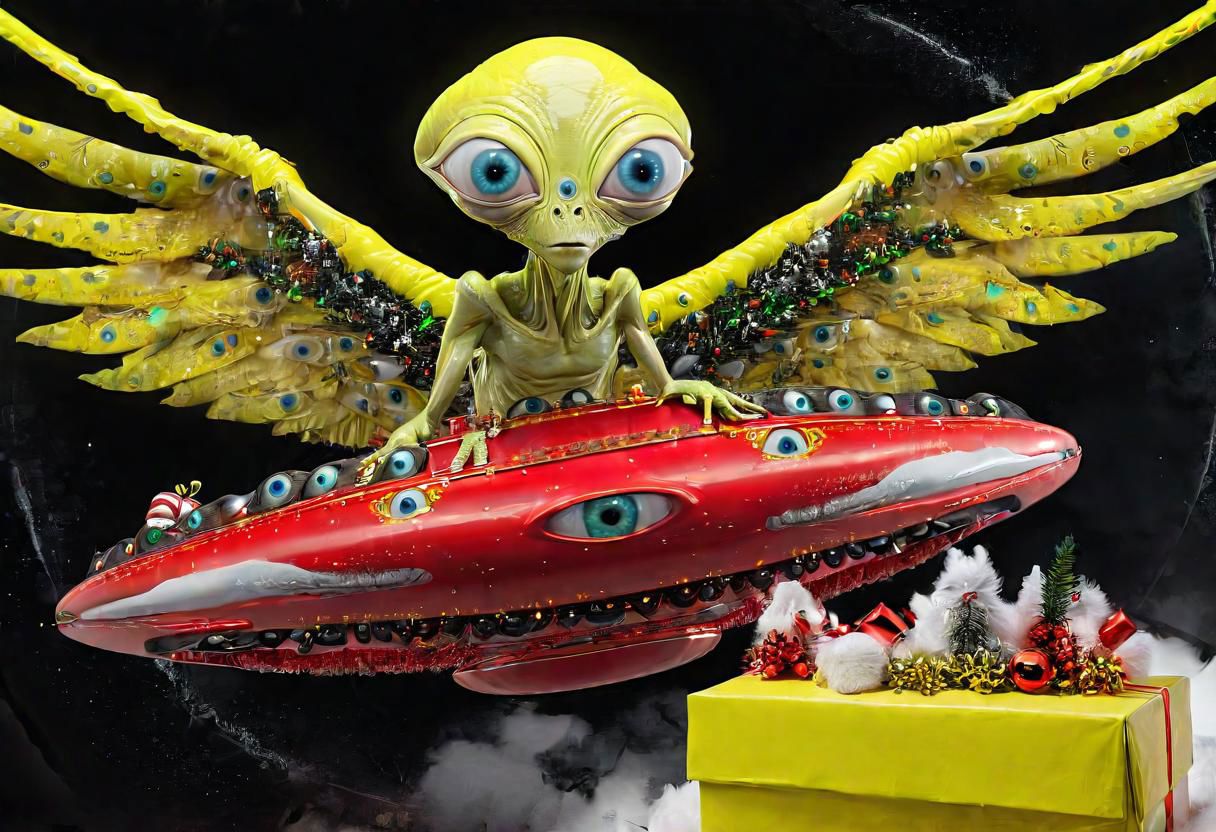 seraphins, mystical creature with hundreds of eyes and wings, roswell alien with yellow christmas hat, delivering presents with santa riding a ufo sleigh, intricate complexity, surreal horror, inverted neon yellow drip paint, photoreal