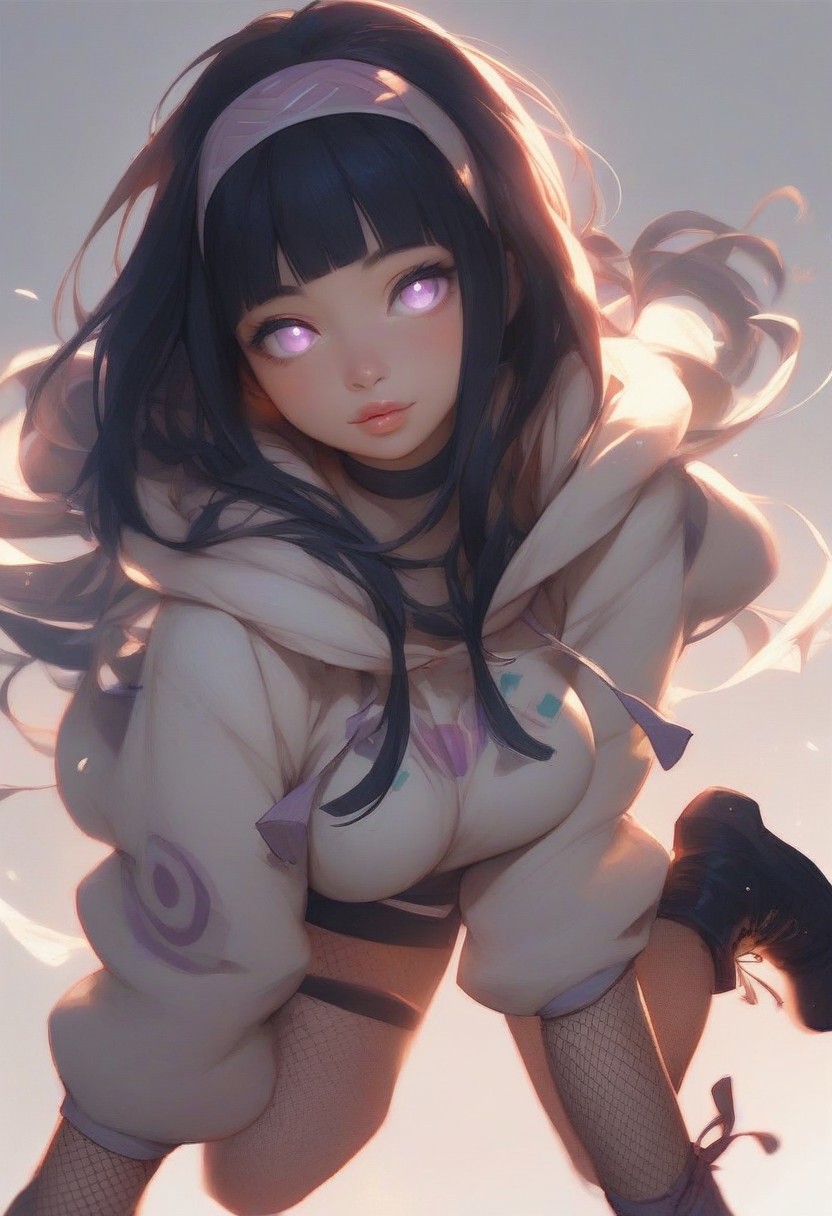 score_9, Score_8_up, Score_7, Score_6_up, Score_8, masterpiece, high detail,
1girl, hyuuga hinata, purple eyes, white eyes, blunt bangs, black hair, hime cut,
petite, large breasts, narrow waist, wide hips, curvy, (cute face), thick lips, pale white skin, bend forward, dynamic angle,
silhouette lighting, two-tone lighting, low lighting,
hooded jacket, fishnets, headband around neck, pants, hood, forehead protector, konohagakure symbol, boots, black footwear,