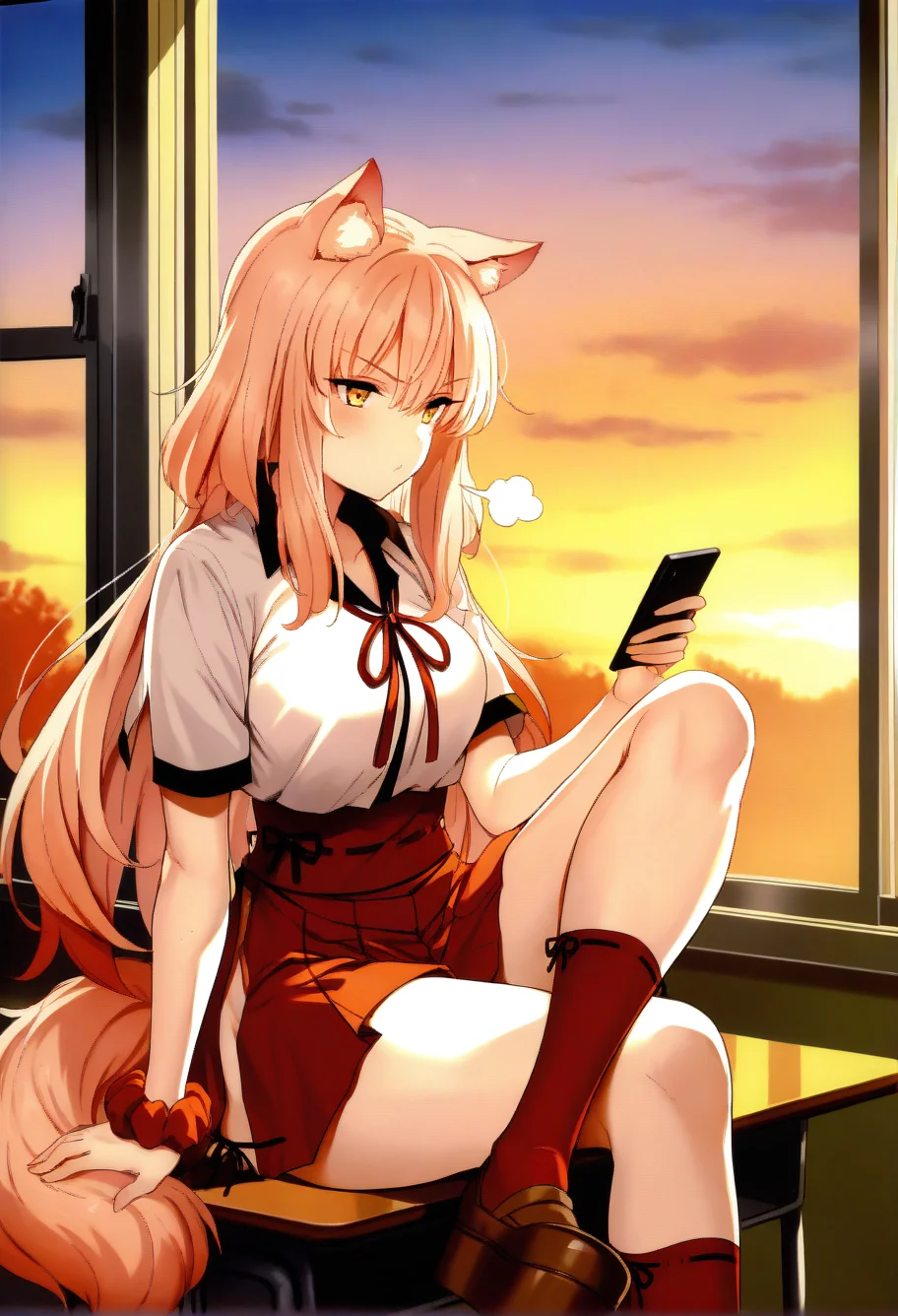 masterpiece, best quality, 1girl, solo, light orange hair, animal ears, long hair, yellow eyes, white shirt, short sleeves, collared shirt, single wrist scrunchie, red wrist scrunchie, red ribbon, neck ribbon, red hakama short skirt, black ribbon-trimmed hakama, tail,  red socks, brown loafers, platform footwear, sitting, on desk, crossed leg, sigh, holding phone, looking at phone, smartphone, sunset, classroom, window