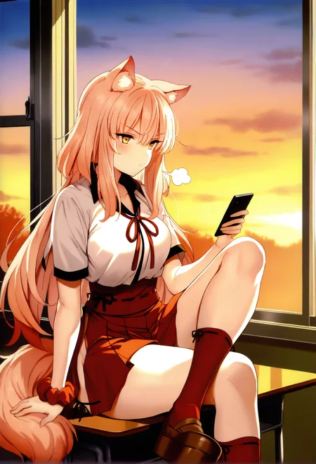 masterpiece, best quality, 1girl, solo, light orange hair, animal ears, long hair, yellow eyes, white shirt, short sleeves, collared shirt, single wrist scrunchie, red wrist scrunchie, red ribbon, neck ribbon, red hakama short skirt, black ribbon-trimmed hakama, tail, red socks, brown loafers, platform footwear, sitting, on desk, crossed leg, sigh, holding phone, looking at phone, smartphone, sunset, classroom, window