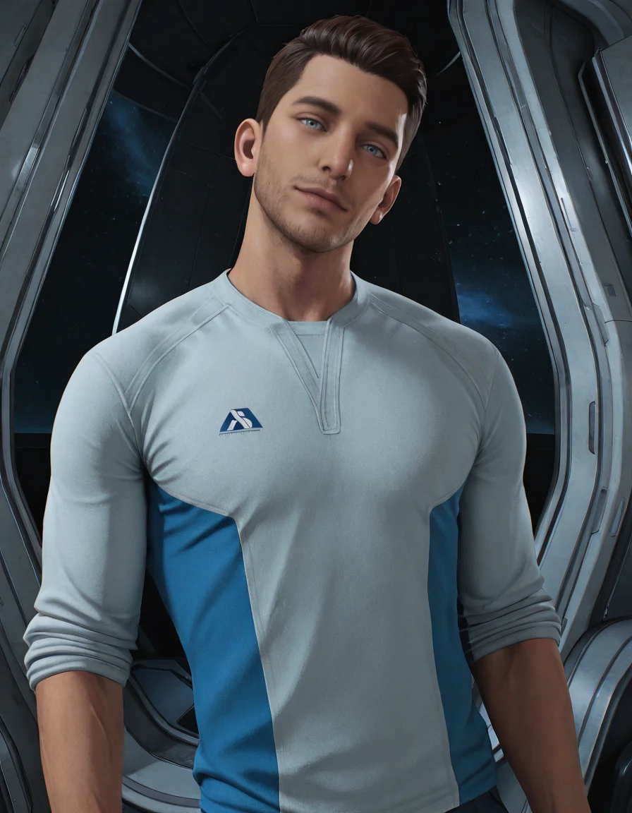 masterpiece, best quality, absurdres, newest, perfect quality, best quality, absolutely eye-catching, detailed background, intricate details, male focus, solo, realistic, <lora:Mass Effect Andromeda - Scott Ryder - Illustrious-000010:0.6>, s_ryder, 1boy, brown hair, light blue eyes, stubble, white two-tone shirt, sleeves rolled up, spacecraft interior, space, contrapposto, looking at viewer, portrait, head tilt, flirty
