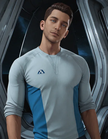 masterpiece, best quality, absurdres, newest, perfect quality, best quality, absolutely eye-catching, detailed background, intricate details, male focus, solo, realistic, <lora:Mass Effect Andromeda - Scott Ryder - Illustrious-000010:0.6>, s_ryder, 1boy, brown hair, light blue eyes, stubble, white two-tone shirt, sleeves rolled up, spacecraft interior, space, contrapposto, looking at viewer, portrait, head tilt, flirty