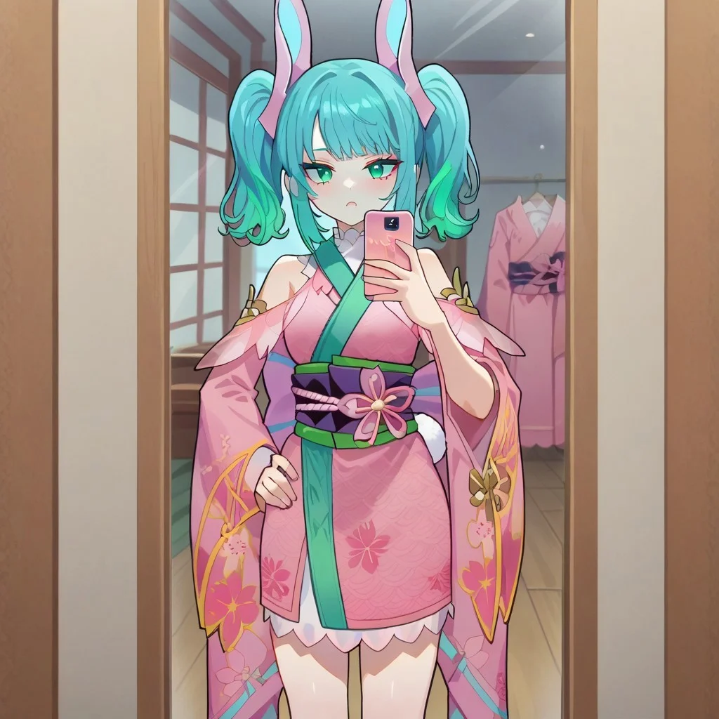 Expressiveh,1girl, capkmn, green eyes, aqua hair, green hair, twintails, medium hair, rabbit tail, pink hair ornament, japanese clothes, pink kimono, short kimono, obi, detached sleeves, bare shoulders, wide sleeves, long sleeves, platform footwear, white socks, mirror, room, holding phone, selfie, solo, hand on own hip, score_9, score_7_up,anime coloring ,source_anime, anime, anime screencap, infront of view