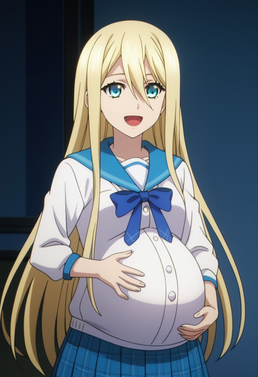 best quality, masterpiece, 4k, perfect lighting, very aesthetic, anime, anime coloring, official art, anime screencap,
OverallDetail, fFaceDetail, 
bedroom, happy, pregnant belly, hand on belly,
Avrora, blonde hair, school uniform, white shirt, long hair,
<lora:Pregnant Bump:1>