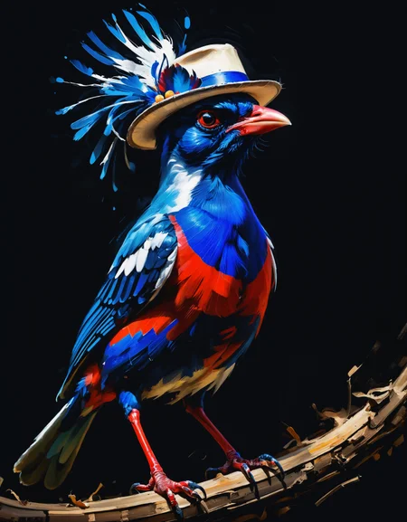 zavy-ngtvpnt, painting, High exposure of a slender Guatemalan Sri Lanka Blue-Magpie of Light, 😍, it is dressed in Pork pie hat, Sharp and in focus, Low shutter, Saturated, exquisite color, excellent composition, highly enhanced, beautiful detailed, epic, magical composition, best, luxury