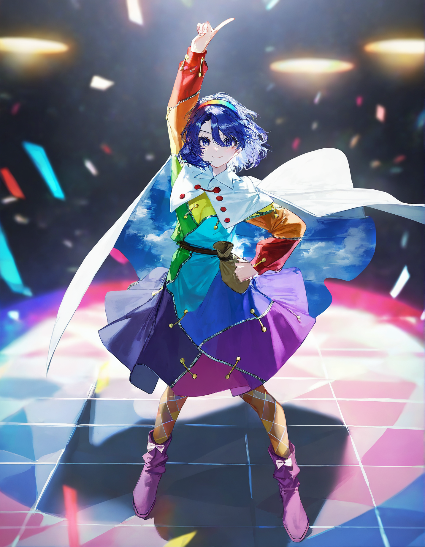 tenkyuu_chimata, 1girl ,rella, quasarcake:0.7, rolua, optical illusion, negative space, saturday_night_fever,blue_hair, breasts, cape, hairband , looking_at_viewer ,multicolored_hairband, pantyhose, purple_eyes ,short_hair ,smile, solo, sweat ,white_cape, disc,  disco,CDs, arm_up , hand_on_own_hip, index_finger_raised, outstretched_arm , dance_floor, dancing,wide shot,
<lora:illustrious_noobai_epsilon_pred_1_best_quality_v1:0.7> ,<lora:illustrious_noobai_epsilon_pred_1_masterpieces_v1:0.7>, <lora:ponyv4_noob1_2_adamW:0.5>, <lora:add_details_xl:0.7>, <lora:CDs_SDXL:1>,
masterpiece, best quality, amazing quality, very aesthetic, absurdres, newest,