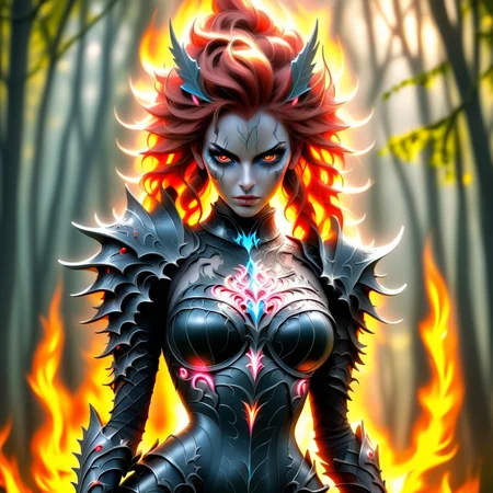 red hair, cowboy shot, yellow eyes, fingerless gloves, closed mouth, looking at viewer, red eyes, braid, facial mark, armor, breasts, blue eyes, boots, full body, scar on face, forest, facial hair, holding, pink eyes, jewelry, fiery hair, pointy ears