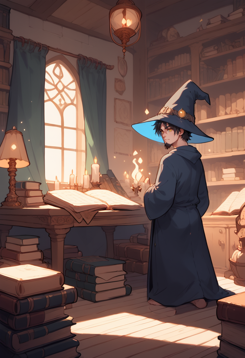 score_9, score_8_up, score_8,   <lora:rey:0.7> 1boy, r3y, male focus, facial hair, black hair, goatee, scar, yellow eyes, robe, wizard hat, 
<lora:Magic_Room:0.8> m4gicroom, indoors, table, candle, bookshelf, wooden floor, book stack, lamp, potions, magic