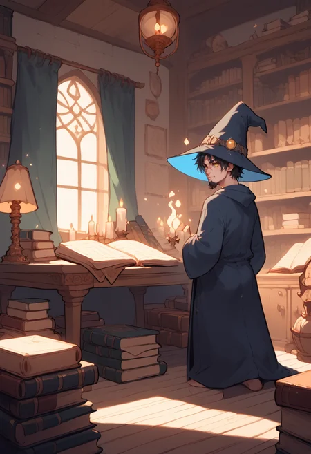 score_9, score_8_up, score_8, <lora:rey:0.7> 1boy, r3y, male focus, facial hair, black hair, goatee, scar, yellow eyes, robe, wizard hat,
<lora:Magic_Room:0.8> m4gicroom, indoors, table, candle, bookshelf, wooden floor, book stack, lamp, potions, magic