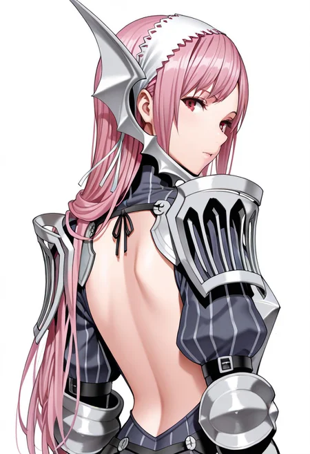 masterpiece, best quality, crimsonj-girl.fightil, 
  1girl, Cherche, long hair, pink hair, hairband, red eyes, armor, breastplate, shoulder armor, backless outfit,
looking at viewer, smilling,
  Simple background,  perfect anatomy
