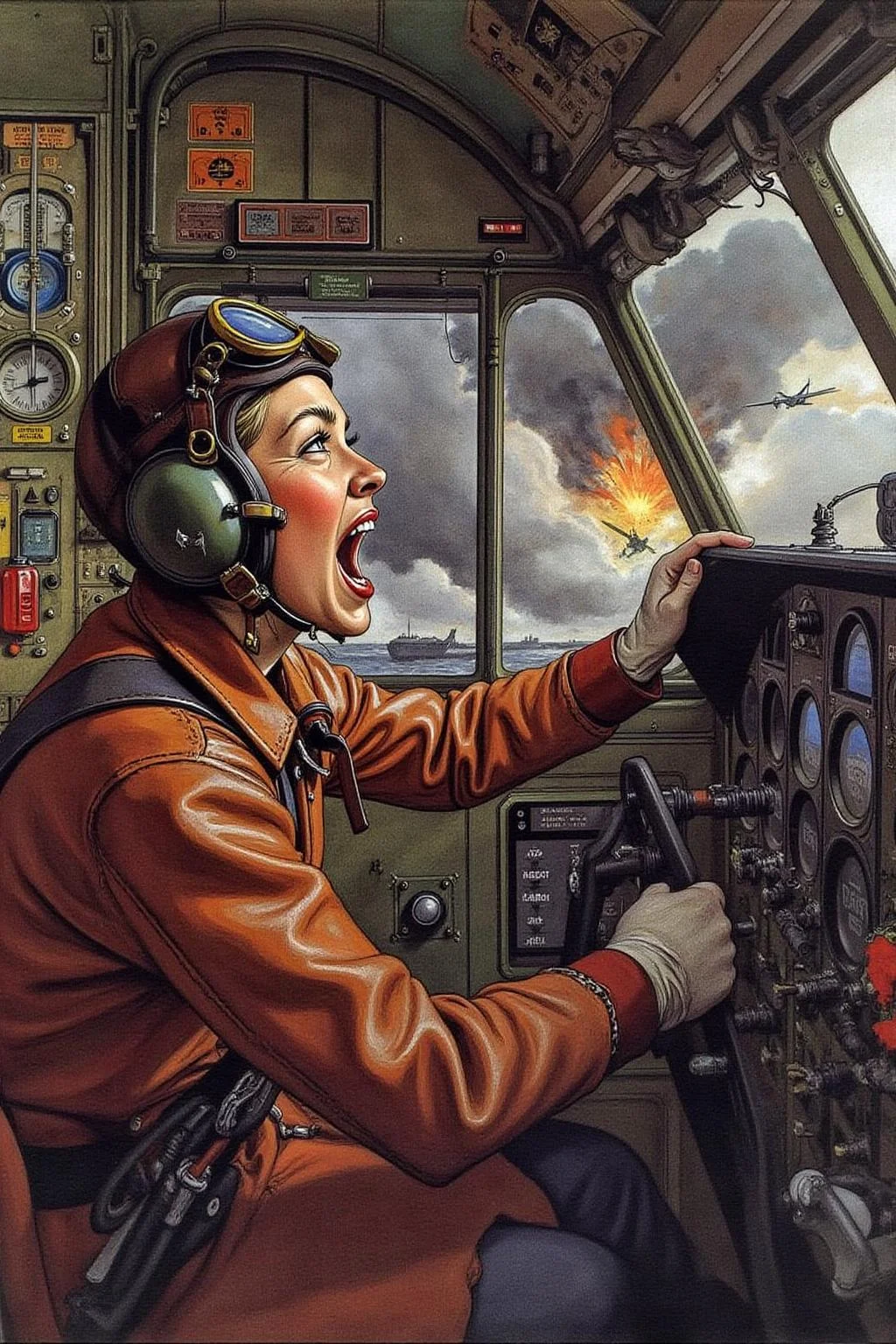 car1ar painting.
A female pilot screaming inside the cockpit of a World War II bomber. The pilot, wearing a vintage leather flight helmet with goggles and a bomber jacket, grips the controls with white-knuckled hands. Her face is contorted in a mix of fear and determination as she yells, her eyes wide with adrenaline. The cockpit is cramped and filled with old-fashioned dials and gauges, with the outside view showing dark stormy clouds and distant anti-aircraft fire <lora:car1ar1_cap_d6a3:1.0><lora:825500750458237619:0>