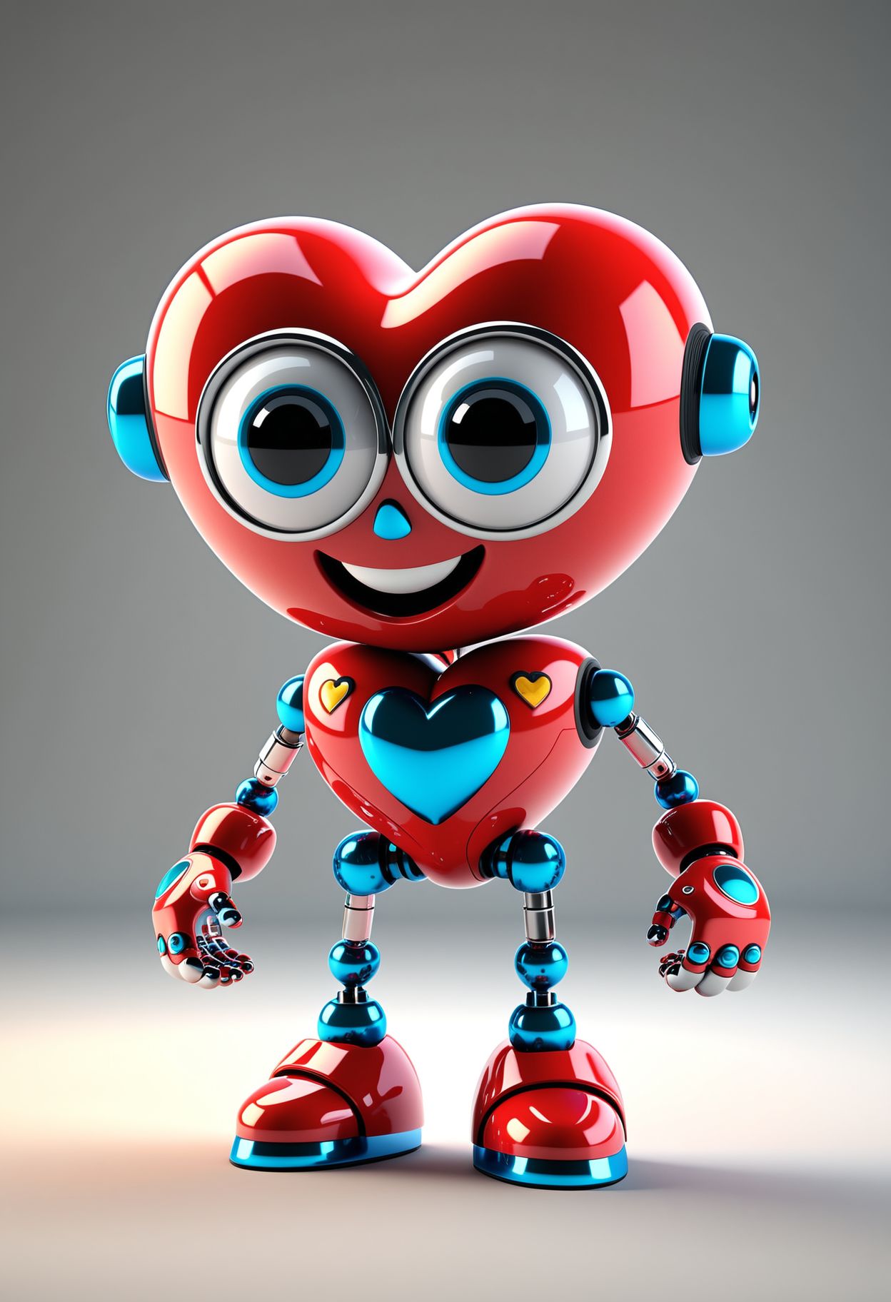 A cute robot with a heart on its chest, standing in a bright, cheerful environment. The robot has big, expressive eyes and a friendly smile, its metallic body is sleek and shiny, reflecting the light. Bright colors, whimsical, playful, futuristic, charming, highly detailed, adorable, small size, friendly demeanor, digital art, high resolution, intricate design, glowing heart, advanced technology, smooth surfaces, vibrant colors, soft lighting, joyful atmosphere, background with colorful shapes, polished metal, high quality, perfect image, enchanting, photorealistic, inspired by Pixar style. <lora:Cute_Robots:1>, [photography, realistic, photorealistic, 8k, highly detailed, cinematic lighting, intricate details, high resolution, award-winning,   correct focus, realistic, realistic lighting, highly detailed,  masterpiece], [ 3D rendering, 3d style, hyper detailed, octane render, Unreal engine 5, RTX shader, hyper detailed texture with reflection, HDR, ultra realistic, raytracing], 3D toy, standing character, tiny, cute, soft lighting, pastel colors, skottie young, blender, pop surrealism, pbr