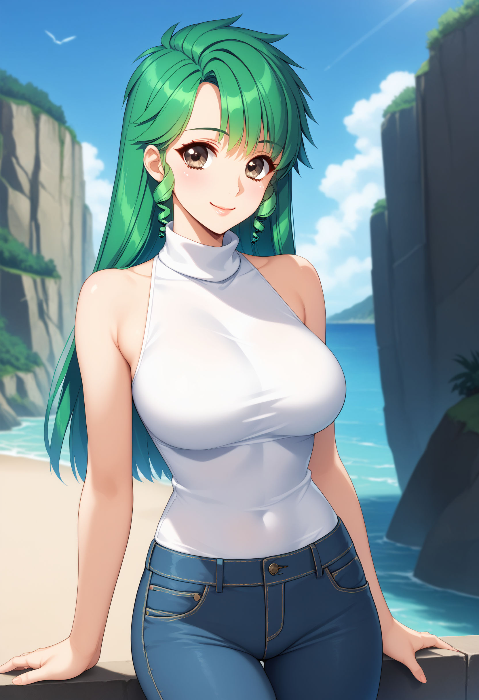 score_9, score_8_up, score_7_up, BREAK  <lora:ChiharuSak:1> chih,brown eyes,green hair,drill hair,twin drills,white sleeveless turtleneck, jeans, outdoors,blue sky,looking at viewer,smiling,cowboy shot,seaside