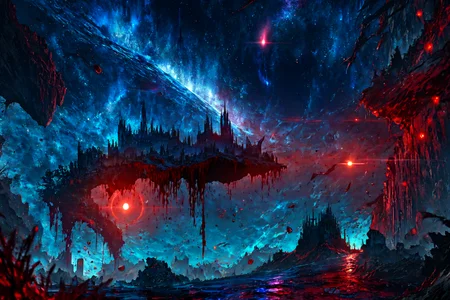masterpiece, best quality, no_humans,((ruins)), <lora:RAL:0.6>,space,glowing,tanabata, tanzaku,city,milky_way,buildings,underwater,blood,earth \(planet\),  <lora:Earth:0.5>,red_theme