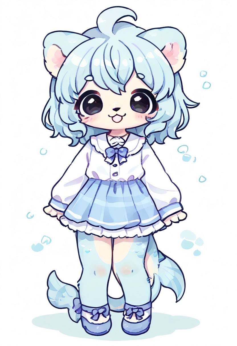 furry, anthro, cute, kemono, solo, score_9, score_8_up, full body, digital art, highly detailed, lv1rubili, full body, smile face, looking at viewer, standing to viewer, full view, merlion merli, merlion, fish tail, simple pure black eyes