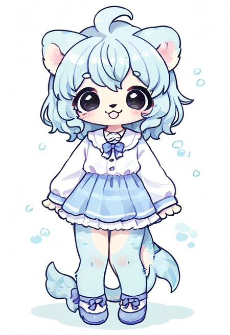 furry, anthro, cute, kemono, solo, score_9, score_8_up, full body, digital art, highly detailed, lv1rubili, full body, smile face, looking at viewer, standing to viewer, full view, merlion merli, merlion, fish tail, simple pure black eyes