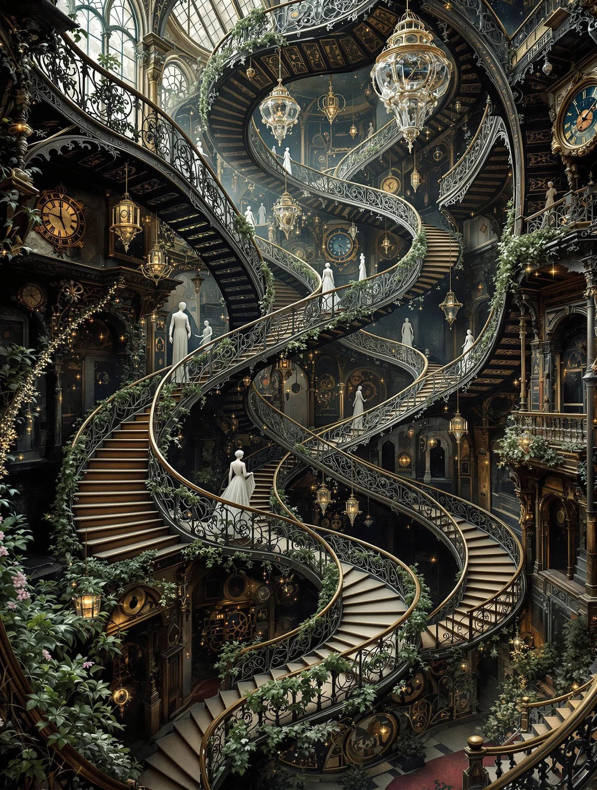 A Victorian wrought-iron staircase captured at a diagonal angle, where multiple levels appear to fold into each other like an Escher drawing, with sections of stairs defying gravity and melting like Dalí's clocks. The frame is filled edge-to-edge with ornate metalwork that gradually morphs into living vines and mechanical clockwork, creating impossible geometric patterns that seem to breathe and move. Ghostly Victorian-era figures in period dress ascend and descend simultaneously on different planes of reality, their forms partially transparent and merging with the ironwork. Shot with even lighting to maintain sharpness throughout all elements, while small pockets of space appear to tear open revealing cosmic voids and floating timepieces. The intricate details of the ironwork stand against a deliberately underexposed background where shadows take on impossible shapes and distant staircases spiral into miniature parallel universes. Crystal chandeliers hanging from unseen ceiling points catch light in physically impossible ways, creating prisms that split reality into fractals. The composition maintains technical precision while reality unravels at its edges, with baroque metalwork patterns that transform into mathematical sequences and arcane symbols.