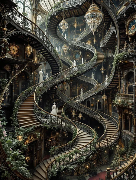 A Victorian wrought-iron staircase captured at a diagonal angle, where multiple levels appear to fold into each other like an Escher drawing, with sections of stairs defying gravity and melting like Dalí's clocks. The frame is filled edge-to-edge with ornate metalwork that gradually morphs into living vines and mechanical clockwork, creating impossible geometric patterns that seem to breathe and move. Ghostly Victorian-era figures in period dress ascend and descend simultaneously on different planes of reality, their forms partially transparent and merging with the ironwork. Shot with even lighting to maintain sharpness throughout all elements, while small pockets of space appear to tear open revealing cosmic voids and floating timepieces. The intricate details of the ironwork stand against a deliberately underexposed background where shadows take on impossible shapes and distant staircases spiral into miniature parallel universes. Crystal chandeliers hanging from unseen ceiling points catch light in physically impossible ways, creating prisms that split reality into fractals. The composition maintains technical precision while reality unravels at its edges, with baroque metalwork patterns that transform into mathematical sequences and arcane symbols.