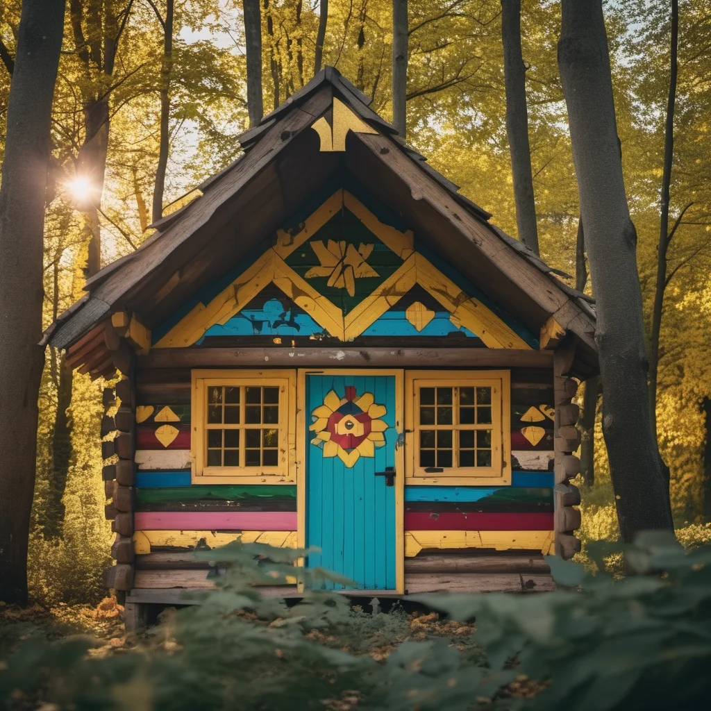 cinematic photo vista, archviz photo of (wooden hut:1.3) in oak forest, roof unpainted wood, woodplank colourful abstract signs paintwork texture, weathered cracking peeling paint, showing wood, golden hour
<lora:Woodplank-SDXL:0.7> . 35mm photograph, film, bokeh, professional, 4k, highly detailed